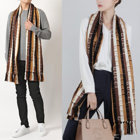 GUCCI SCARF 634166 LOGO STRIPED WOOL COTTON w FRINGE UNISEX 14.5" x 71" - Picture 3 of 16
